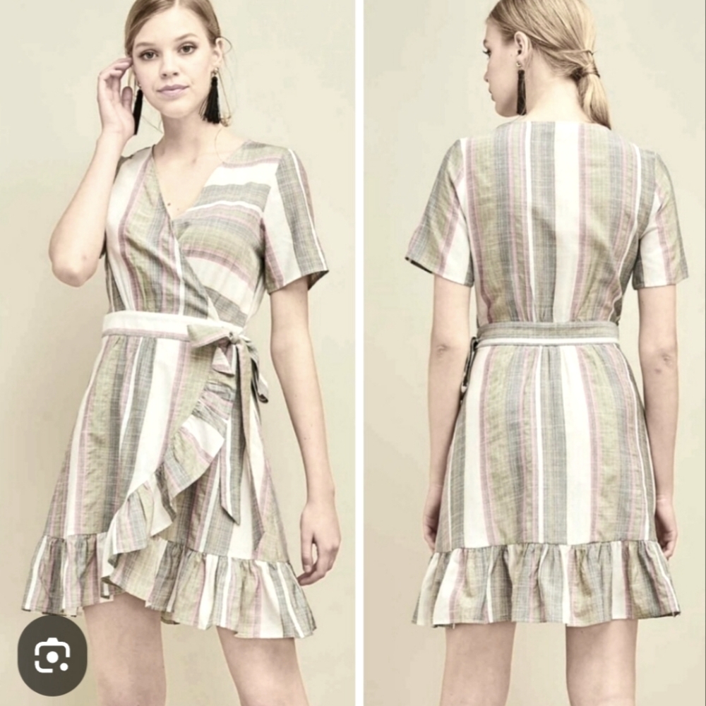entro Pastel Stripe Wrap Midi Dress in Green, Pink, White